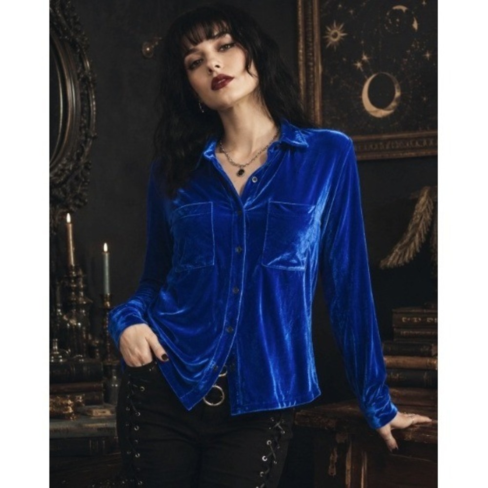 Royal Blue Velvet XL Button Down Whimsigoth Witchy Y2K Statement Shirt